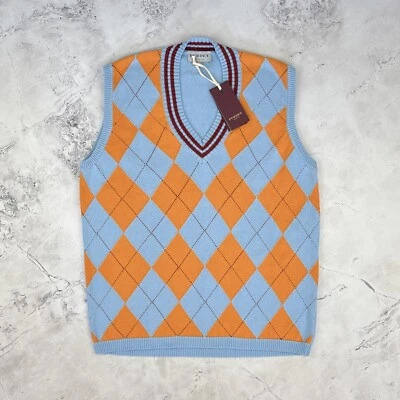 Purdey Blue Orange Argyle Pattern V-Neck Cotton Knit Vest Size 18 *BNWT* NEW - Image 1 of 4