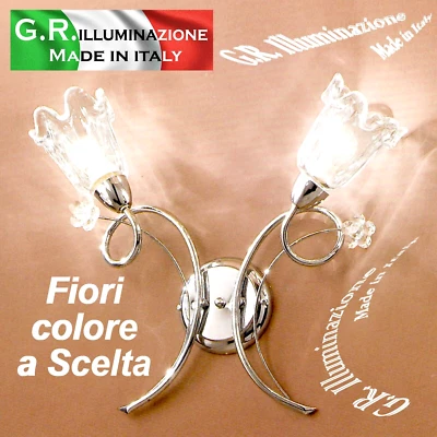APPLIQUE MODERNA CROMATA 2 LUCI LAMPADA DA PARETE CROMO FIORI CRISTALLO Angie - Immagine 1 di 4