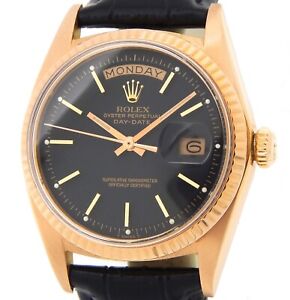 Vintage Rolex Day-Date Mens 18K Rose Gold Watch with Black Dial and Band 1803