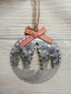 Новый! Круглая металлическая серебряная елка украшение в полоску бант деревенский фермерский дом - Изображение 1 из 4