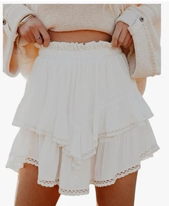 Flowy Short Women Casual Boho & Western Cowgirl Ruffle Tier Skort Skirt White XL - Picture 1 of 9