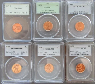 1950-1955 (6x) Lincoln Cents PR65RD-67RD PCGS,2x(OGH) Offering combined shipping - Image 1 of 4