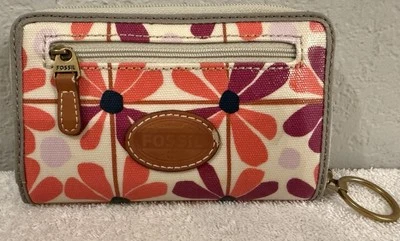 Cartera de lona recubierta con cremallera fósil, patrón floral coral/púrpura (6”x 4”) Foto 1 de 4