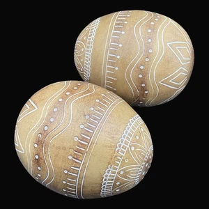 Carved Faux Wood Easter Eggs Large 5" x 6" Pysanky Folk Art Style Decor Set of 2 - Picture 1 of 10