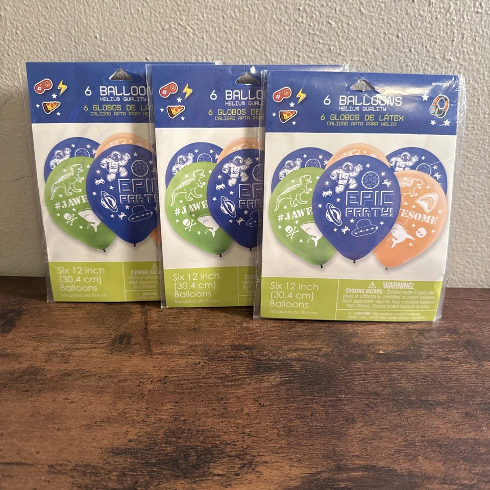 Nuevo 3 paquetes de 6 globos (18 globos en total) dinosaurios, espacio, tiburones Foto 1 de 4