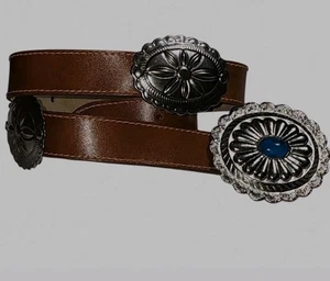 Cinturón Western de Colección Años 80 Marrón Cuero Adjunto Para Mujer GRANDE Hebilla Plateada y Turquesa - Imagen 1 de 13