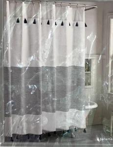 Peri Home Nautical Shower Curtain Navy White Stripe 100% Cotton Fabric Panama - Picture 1 of 7