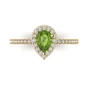 1.22 Pear Natural Peridot Classic Bridal Statement Ring Real 14k Yellow Gold - Picture 1 of 11
