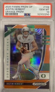 2020 PANINI PRIZM DRAFT PICKS JUSTIN HERBERT #102 ORANGE PRIZM RC PSA 10 GEM MT