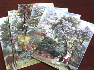 ORIGINAL  SET OF SIX  HARRY PAYNE SIGNED RURAL TUCK POSTCARDS, SPRING BLOSSOMS. - Picture 1 of 5