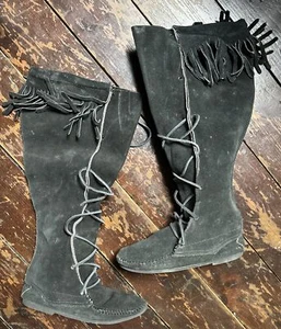 Vtg 80s Black Suede Boho Hippy Lace Up Fringe AMERICAN Tonka Boots Uk 3 - Picture 1 of 15