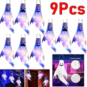 9Pcs Halloween Hanging Ghost Windsocks Outdoor Lighted Glowing Ghost Witch Decor - Picture 1 of 12