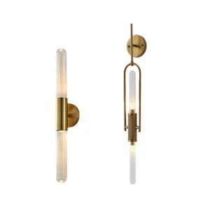 Ribbed Glass Gold Lighting Fixture Modern Linear 2-light Wall Sconce Lamp Porch - Picture 1 of 18