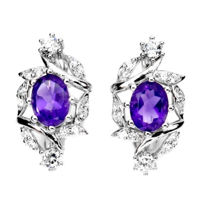 925 Sterling Silver Oval Purple Amethyst 8x6mm Simulated Cz Earrings - Image 1 of 4