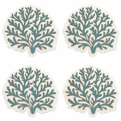4pc Coastal Collection Beaded Ocean Blue Coral Reef Placemat Set Beach Decor 15" - Image 1 of 4