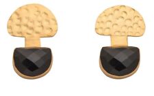 Brand New 18K Gold Plated Hammered Top Earrings w/ MultiFaceted Black Onyx Drop