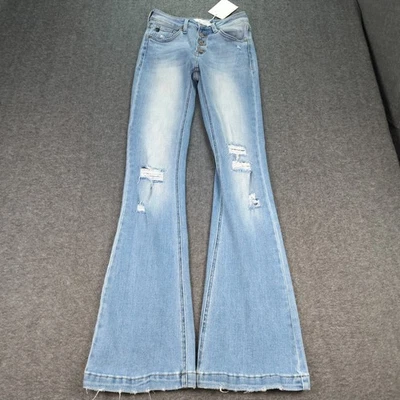 Женские джинсы Kancan 25 синие Harlowe расклешенные эластичные искусственно состаренные легкие стирка новые - Изображение 1 из 4