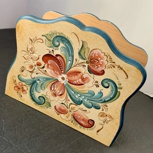 Porta tovaglioli in legno marrone multi dipinto a mano Tole Blues Malves Cottagecore fiore - Foto 1 di 7