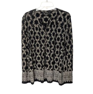 Lucky Brand Black Tan Geometric Patterned Henley Button Popover Blouse Size XL - Picture 1 of 8