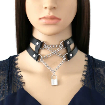 Double Belt Punk Choker with Cross Chain Lock Pendant Gothic Collar - Image 1 of 4