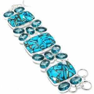 Copper Blue Turquoise, Blue Topaz Gemstone Ethnic 925 Silver Bracelet 7-8"