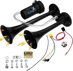 150db Dual Trumpet Air Horn Kit with Compressor for 12V Vehicles, Black - Picture 1 of 9