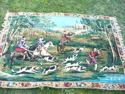 TISSU  ancien vintage en velours à décors de chasse à courre - Photo 1/4