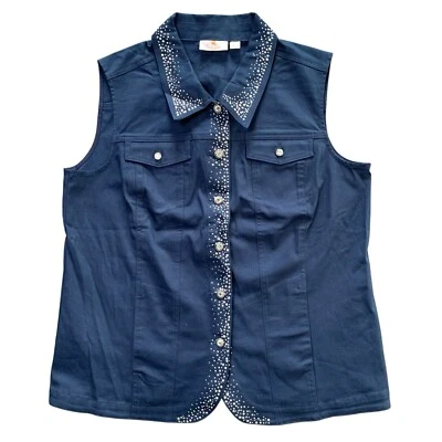 Quacker Factory L Blue Embellished Rhinestone Denim Button Collared Vest Bling - Image 1 of 4