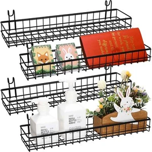 4 Pcs Metal Grid Wall Baskets With Hooks Shelves Hanging Wire Multi Function - Picture 1 of 7