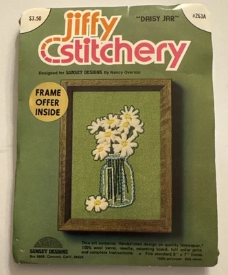 Vintage Jiffy Stitchery Crewel Embroidery Kit Daisy Jar #263A Green White Mason - Image 1 of 4