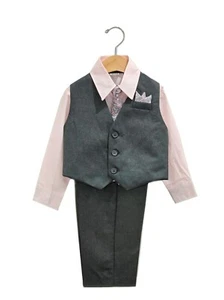Kids Boys Formal Outfit Set Suit 4 Piece Shirt Vest Pants Tie Toddler Size 2T-14 - Picture 1 of 48