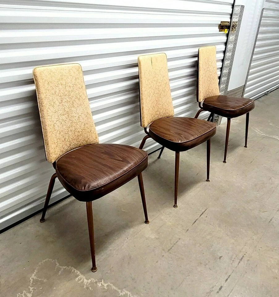 Винтажный 50-х 60-х середины века современный столовой кухни деревянные виниловые стулья набор из 3 - Изображение 1 из 4