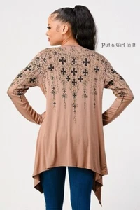 Neu Damen-Cardigan CRYSTAL TAUPE SCHWARZ TROPFENDE KREUZE BLING CROSS S M L - Bild 1 von 4