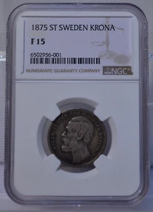 1875 ST SWEDEN 1 KRONA NGC F15 SILVER COIN - Picture 1 of 4