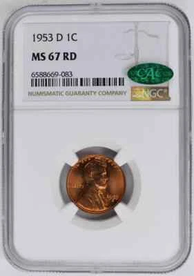 1953 D Small Cents Lincoln, Wheat Ears Reverse NGC MS-67 RD CAC - Image 1 of 2