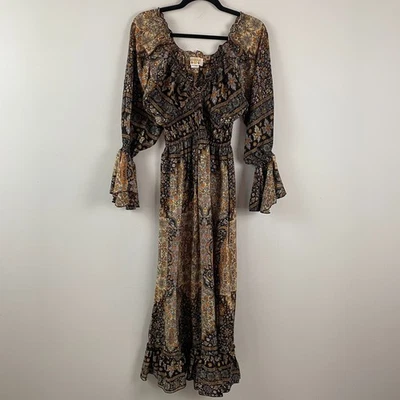 Garden Belle Shop Nomad Whimsigoth Boho Midi Dress Plus Size Bell Sleeve Smocked - Image 1 of 4