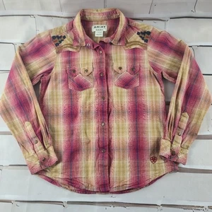 Ariat Girls REAL Long Sleeve Plaid Snap Shirt Pink Tan Lg/12 - Picture 1 of 10