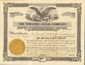 The Theatre Guild Company década de 1920 New Haven Connecticut certificado de acciones compartido - Imagen 1 de 1