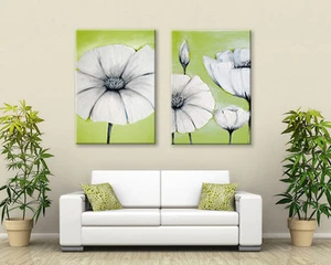 JAPANESE FLOWERS PEACEFUL CANVAS PAIR GREEN / WHITE GREY / DUCK EGG BLUE PRINT - Picture 1 of 5