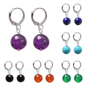 Pendientes colgantes de gancho de plata de piedras preciosas naturales multicolores de 6/8/10/12 mm - Imagen 1 de 31