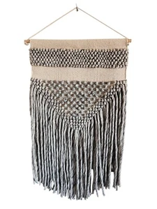 Handwoven Macramé Wall Hanging With Tassels Beige & Gray Boho Decor Rope Design - Picture 1 of 8