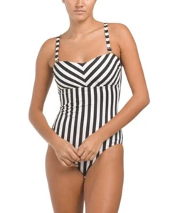 Traje de baño Jantzen negro y marfil a rayas control de barriga bandeau 1 pieza nuevo con etiquetas talla 12 - Imagen 1 de 3