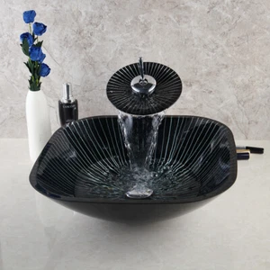 Grifo de cascada de fregadero de vidrio cuadrado templado para baño a rayas blanco negro - Imagen 1 de 10