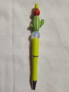Bead Pen Green Cactus Lime Green Pen Red & Clear Specked Bead Handmade - Picture 1 of 3
