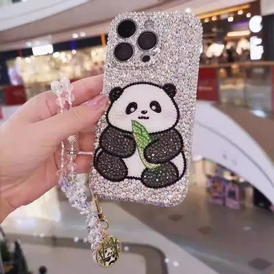 Linda funda de teléfono Panda con estrás brillante para iPhone 17 16 15 14 13 12 11 X Pro Max Foto 1 de 4