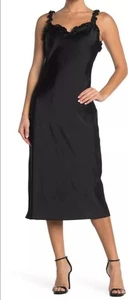 Betsey Johnson Women's Ruffle Strap Satin Slip Midi Dress Black FR03W15 Sz 10 - Picture 1 of 5