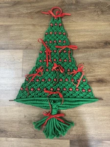 Vintage Handmade 60s 70s Macrame Christmas Tree Wall Hanging Red Green Boho 29” - Picture 1 of 5