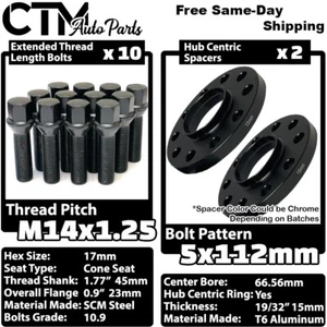 2x 15mm Thick 5x112 66.56mm C.B Wheel Spacer + 14x1.25 Black Bolt Fit Latest BMW - Picture 1 of 8