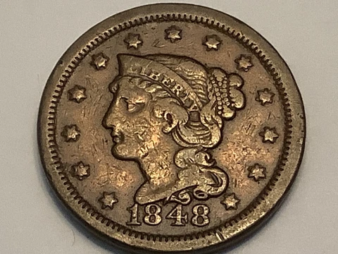 1848. Braided Hair. Large Cent. 100% Copper Cover