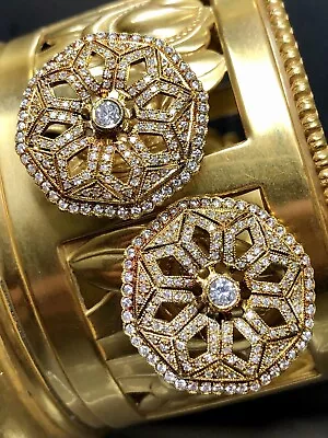 Vintage 18K Diamond Octagonal Floral Huggie Earrings Omega Back 3.30ctw NUMBERED - Image 1 of 4